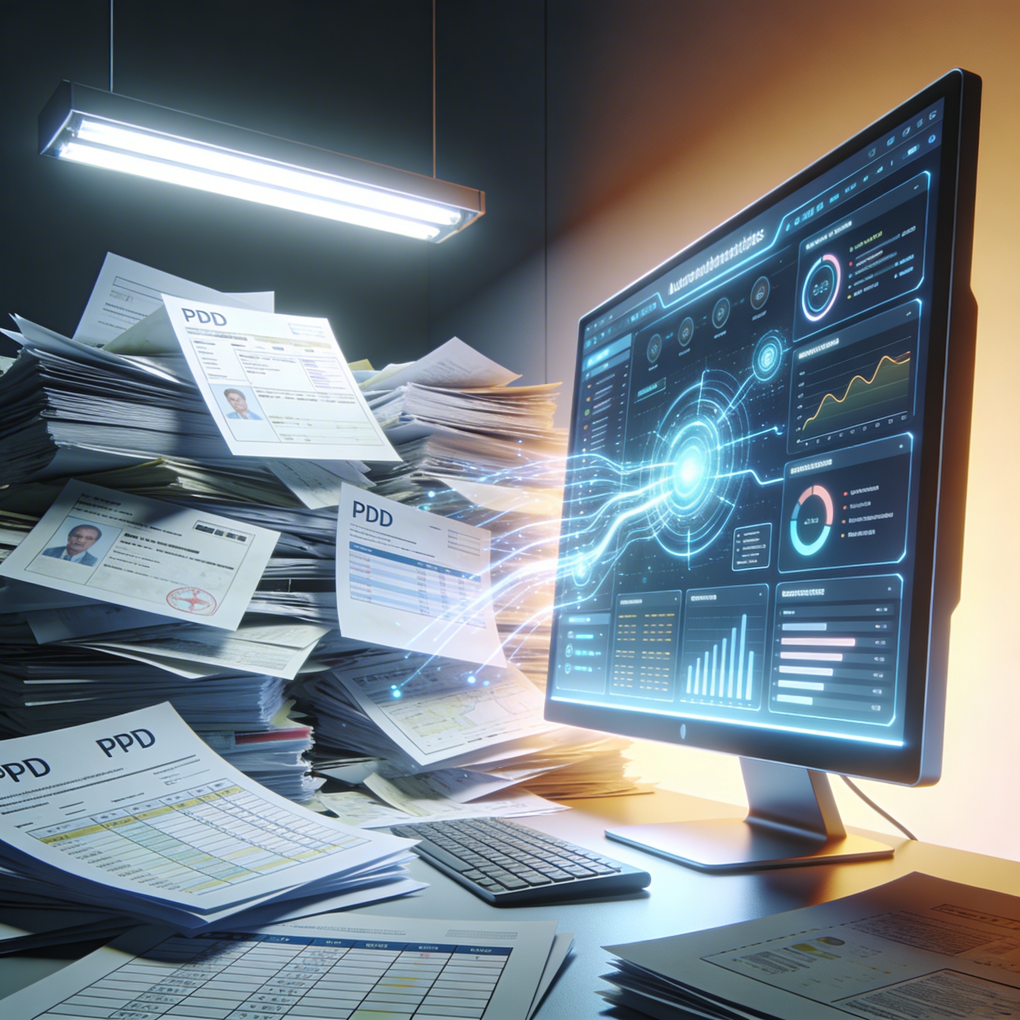 CredenceIQ transforming paper documents into digital data - showing stacks of physical documents being processed and visualized on a computer screen with data visualizations