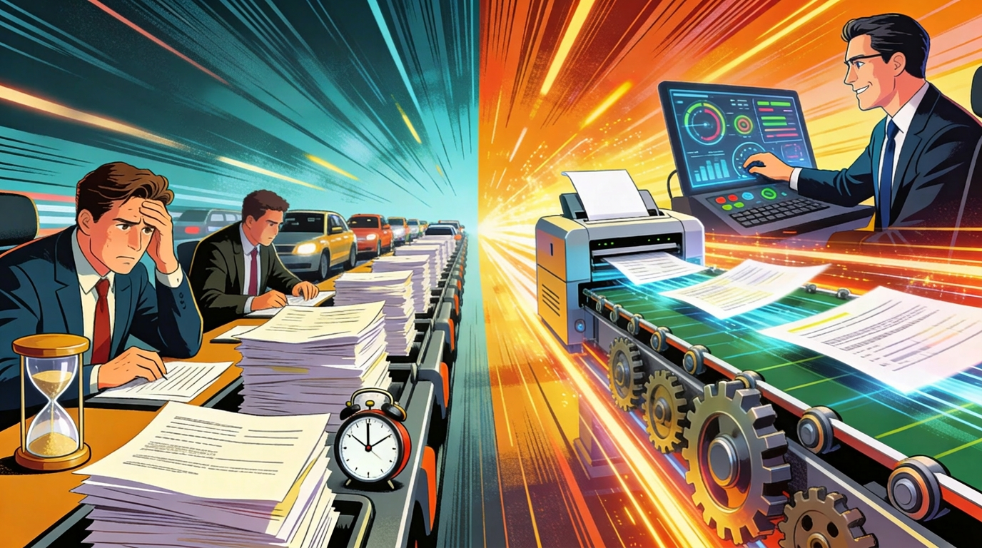 Contrast between manual claims processing with stressed workers and paper stacks versus automated digital claims processing with efficient workflows and data visualization